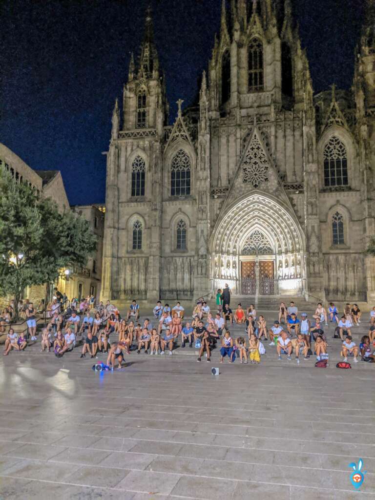 Street-artists performing in front of Gothic Cathedral area, Barcelona, Spain