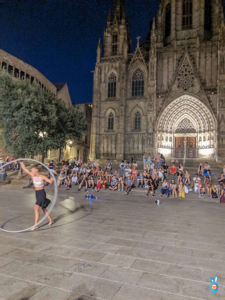 Street-artists performing in front of Gothic Cathedral area, Barcelona, Spain