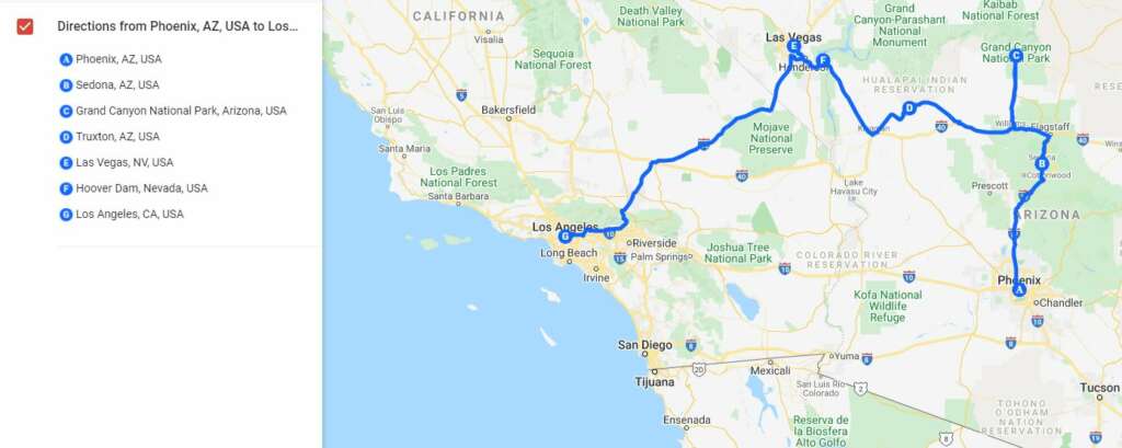 Arizona to California Road Trip Route Map